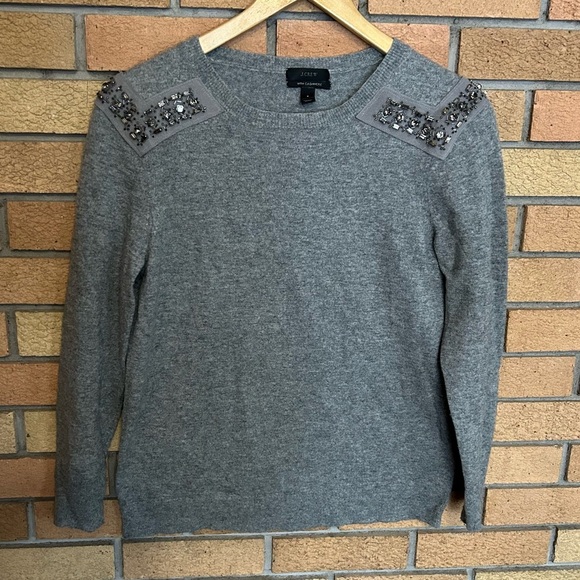 J. CREW Rhinestone Embellished Gray Wool Cashmere Blend Sweater Grey Size Small - Picture 1 of 8